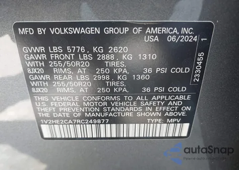 2024 Volkswagen Atlas Cross Sport 2.0T Se W/Technology from USA, damaged, VIN 1V2HE2CA7RC249877